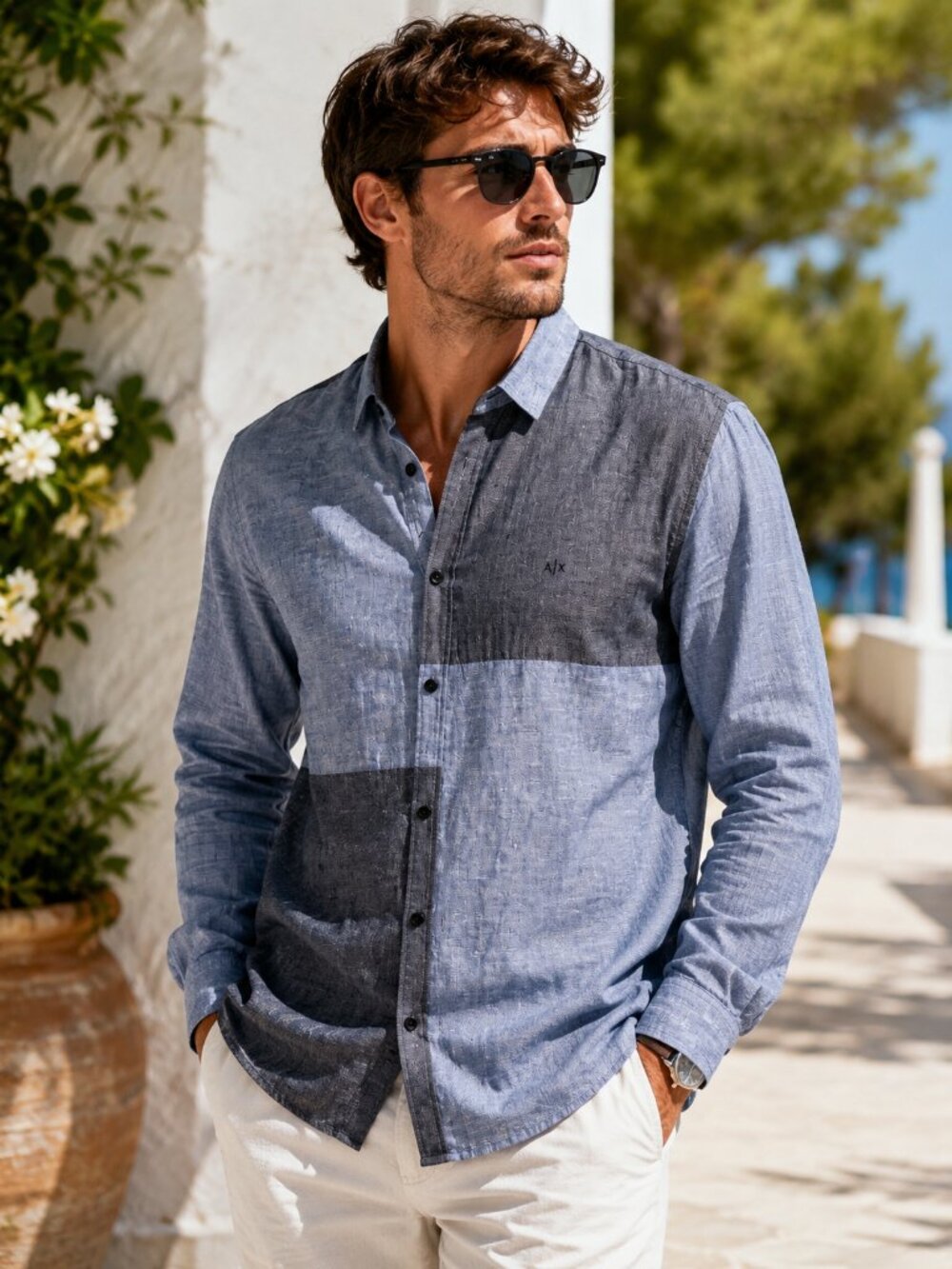 Armani Exchange AX Color Block Linen Blend Shirt Blue Gray XL Regular